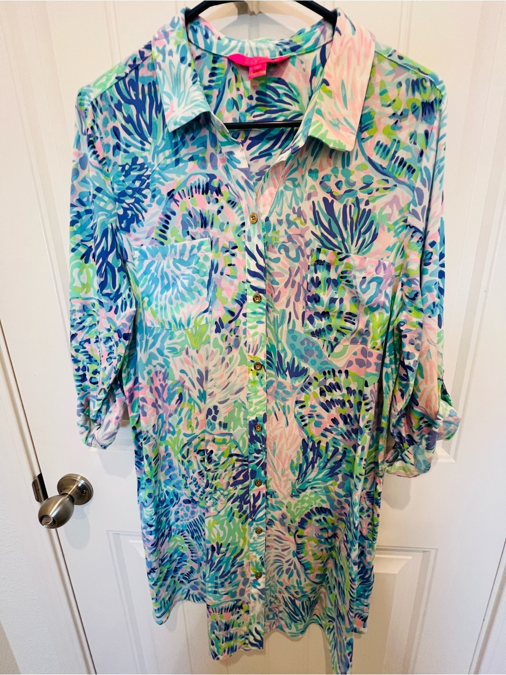 $98 Lilly Pulitzer Turquoise Blue Pink Green Palm-Print Shirtdress - Picture 8 of 11